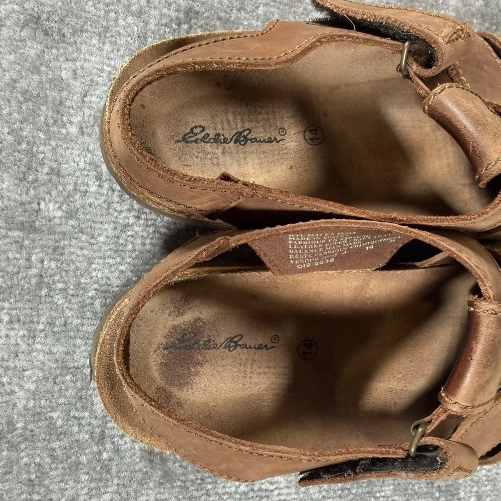 Eddie Bauer Sandals Men's 14 Brown Leather Fisherman Style Hook Loop Outdoor